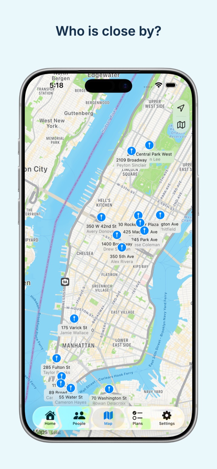FieldJoy's map view under the heading “Who is close by?”, showing pins across Manhattan for each person, labelled with their street address.