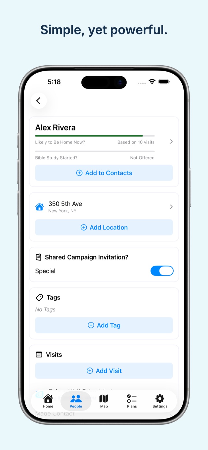 A person's detail screen in FieldJoy under the heading “Simple, yet powerful.”, with an address, tags, and a record of past visits.